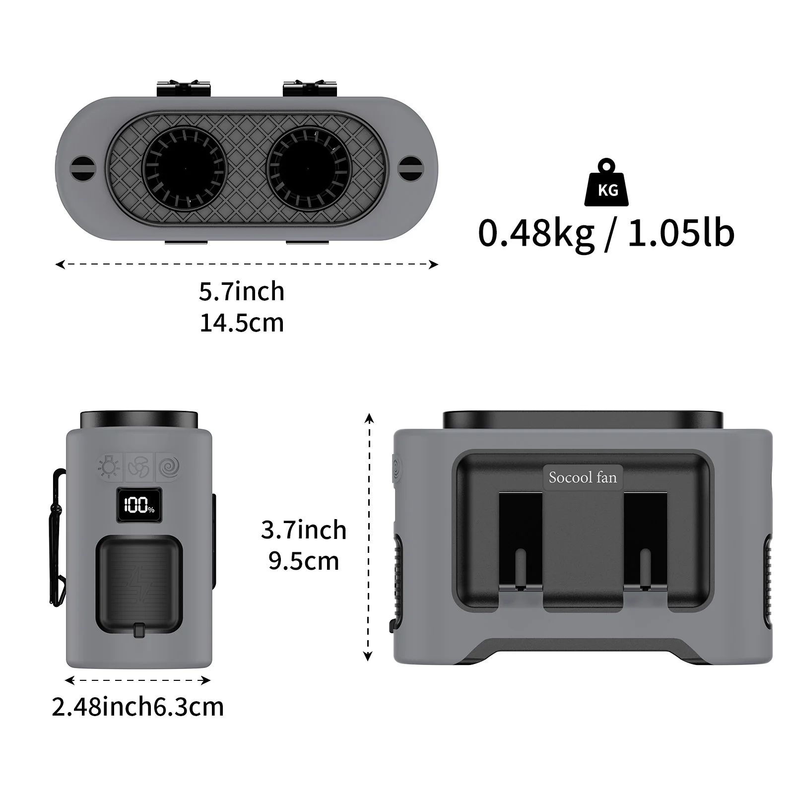 Socool 14500mAh Portable Waist Fan Dual Airflow Outlet Turbo Motors with Four Clips Emergency Flashlight Power Bank for Outdoor