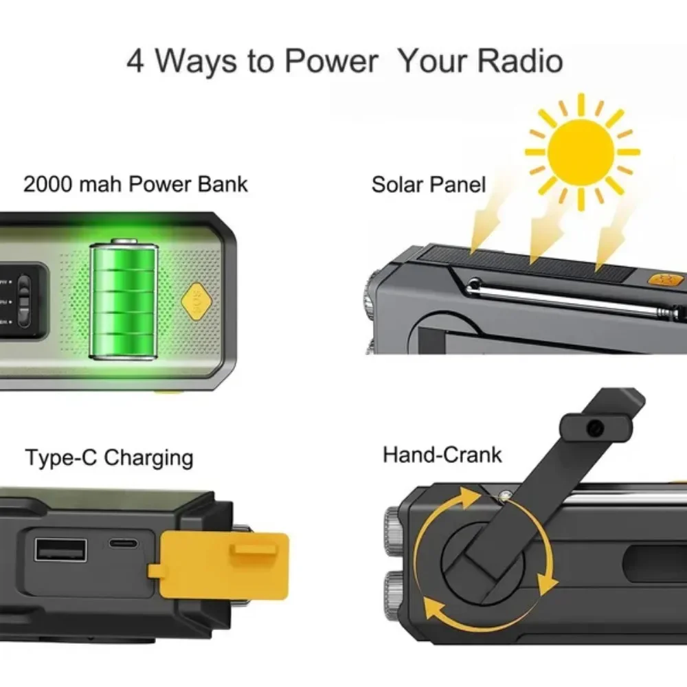 Emergency Radio Solar Hand Crank NOAA Weather Radio AM FM Portable 2000mAh Power Bank Rechargeable Survival Gear LED Camping Flashlight Reading Lamp SOS Alarm Hurricane Earthquake Emergency Kit Battery Operated For Home Outdoor Adventures Hiking