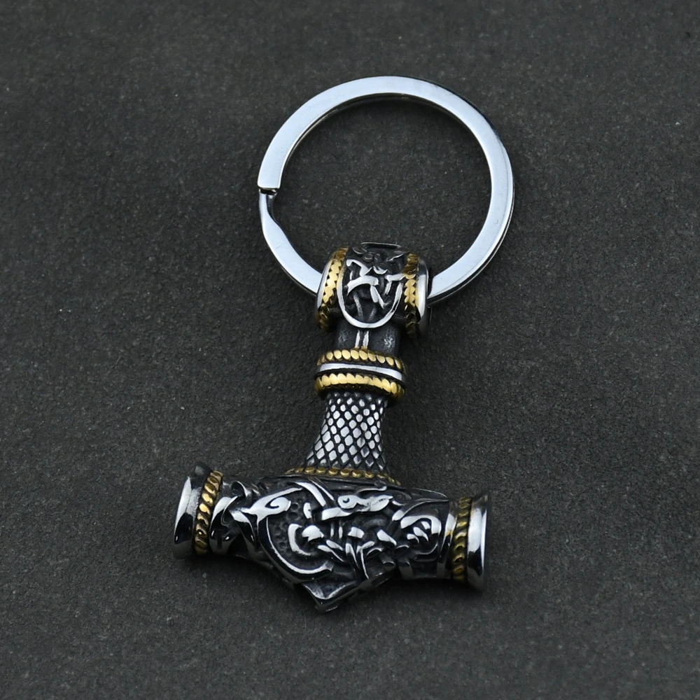 Norse Thor's Hammer Anchor Keychain Men Stainless Steel Viking Keyring Amulet Mjolnir Never Fade Charm Male Jewelry