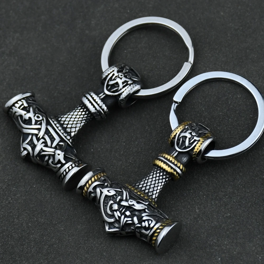 Norse Thor's Hammer Anchor Keychain Men Stainless Steel Viking Keyring Amulet Mjolnir Never Fade Charm Male Jewelry