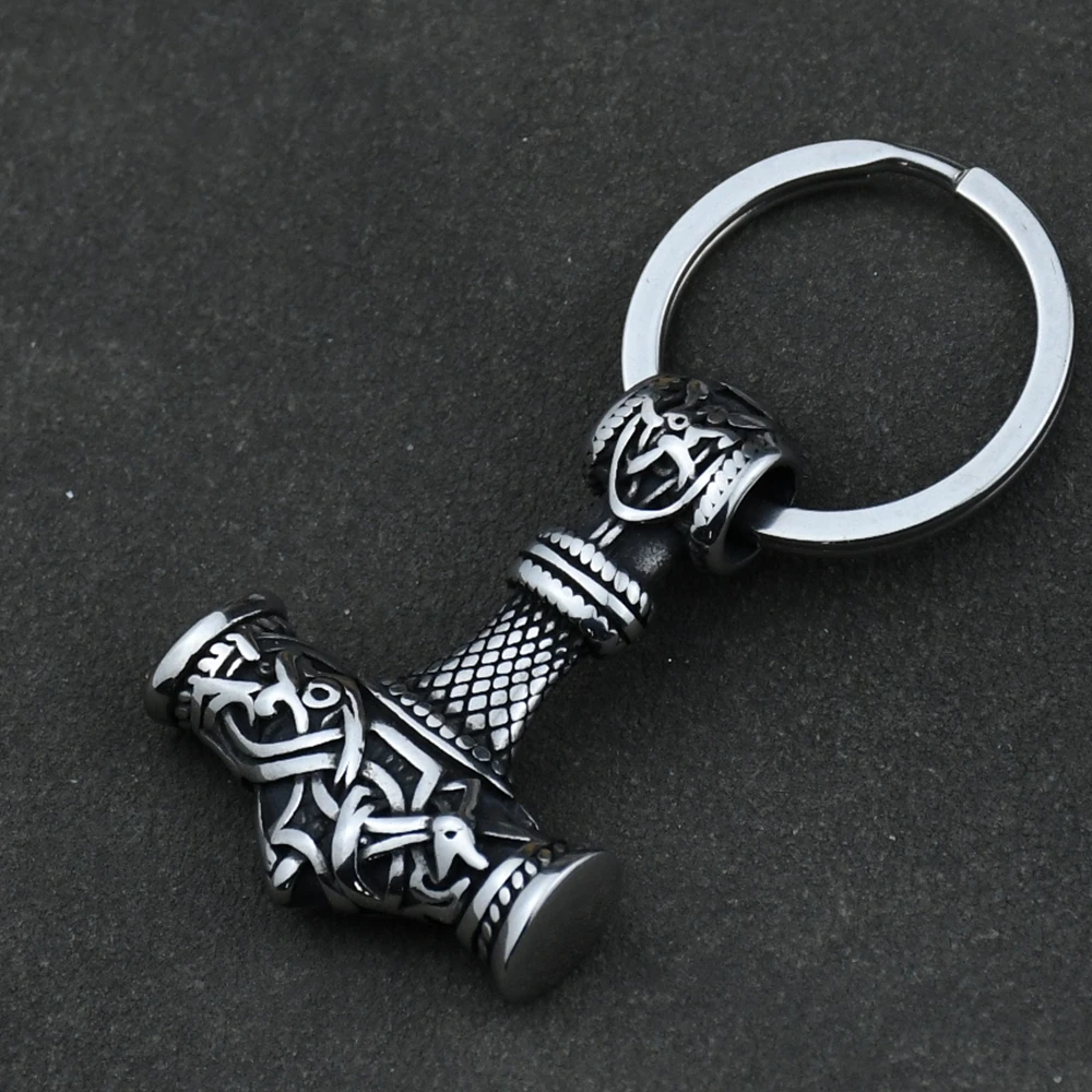 Norse Thor's Hammer Anchor Keychain Men Stainless Steel Viking Keyring Amulet Mjolnir Never Fade Charm Male Jewelry