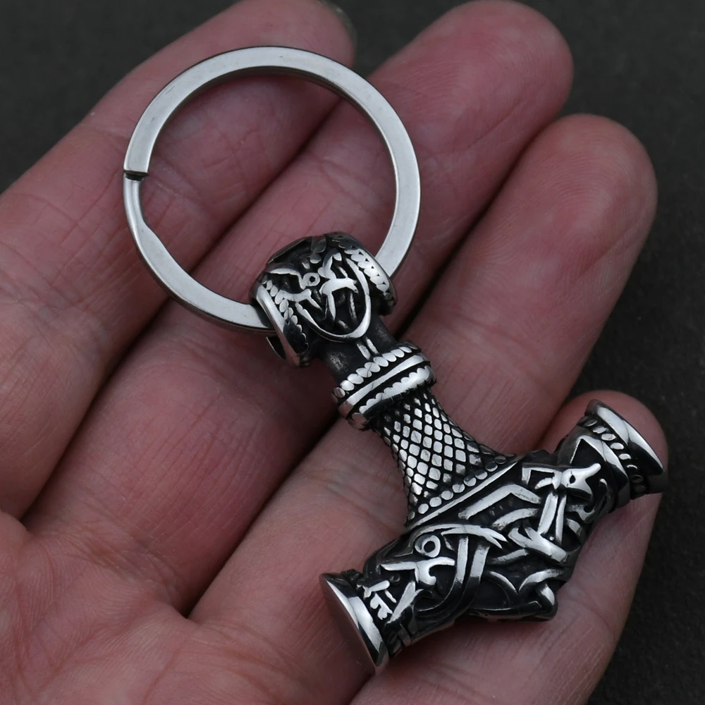 Norse Thor's Hammer Anchor Keychain Men Stainless Steel Viking Keyring Amulet Mjolnir Never Fade Charm Male Jewelry