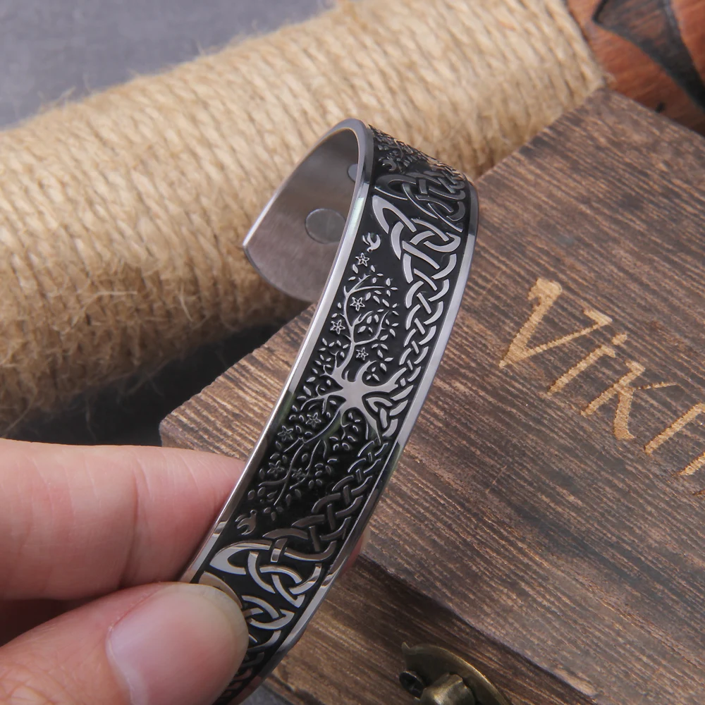 Viking Talisman Health Bracelets Tree Of Life Luck Knot Runes Trinity Magnetic Cuff Bangles Women Men Adjustable Bracelet