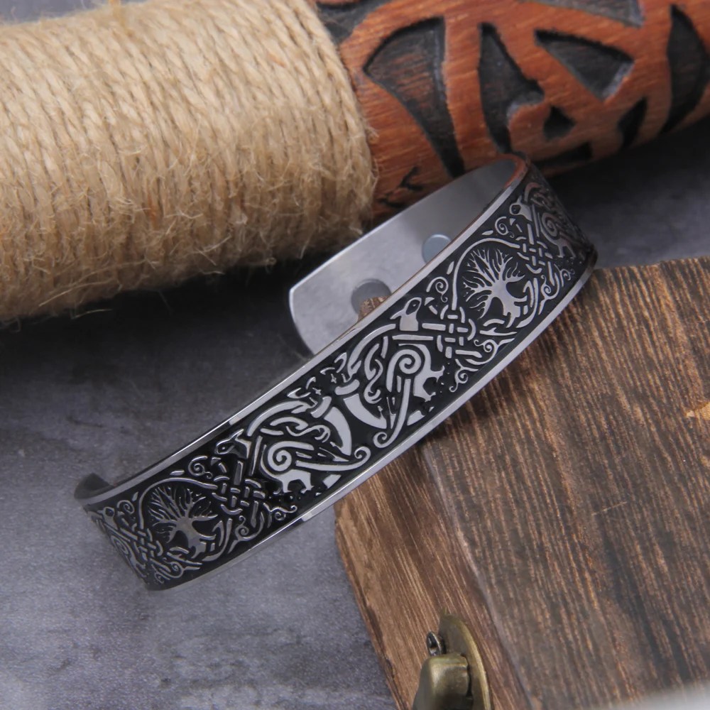 Viking Talisman Health Bracelets Tree Of Life Luck Knot Runes Trinity Magnetic Cuff Bangles Women Men Adjustable Bracelet