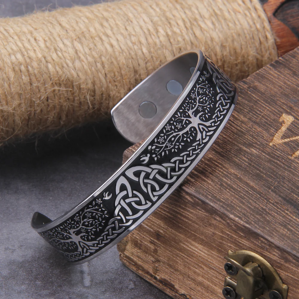 Viking Talisman Health Bracelets Tree Of Life Luck Knot Runes Trinity Magnetic Cuff Bangles Women Men Adjustable Bracelet