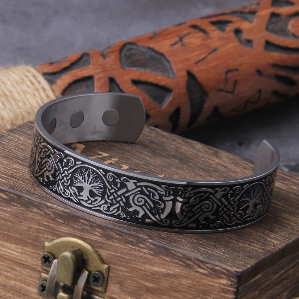 Viking Talisman Health Bracelets Tree Of Life Luck Knot Runes Trinity Magnetic Cuff Bangles Women Men Adjustable Bracelet