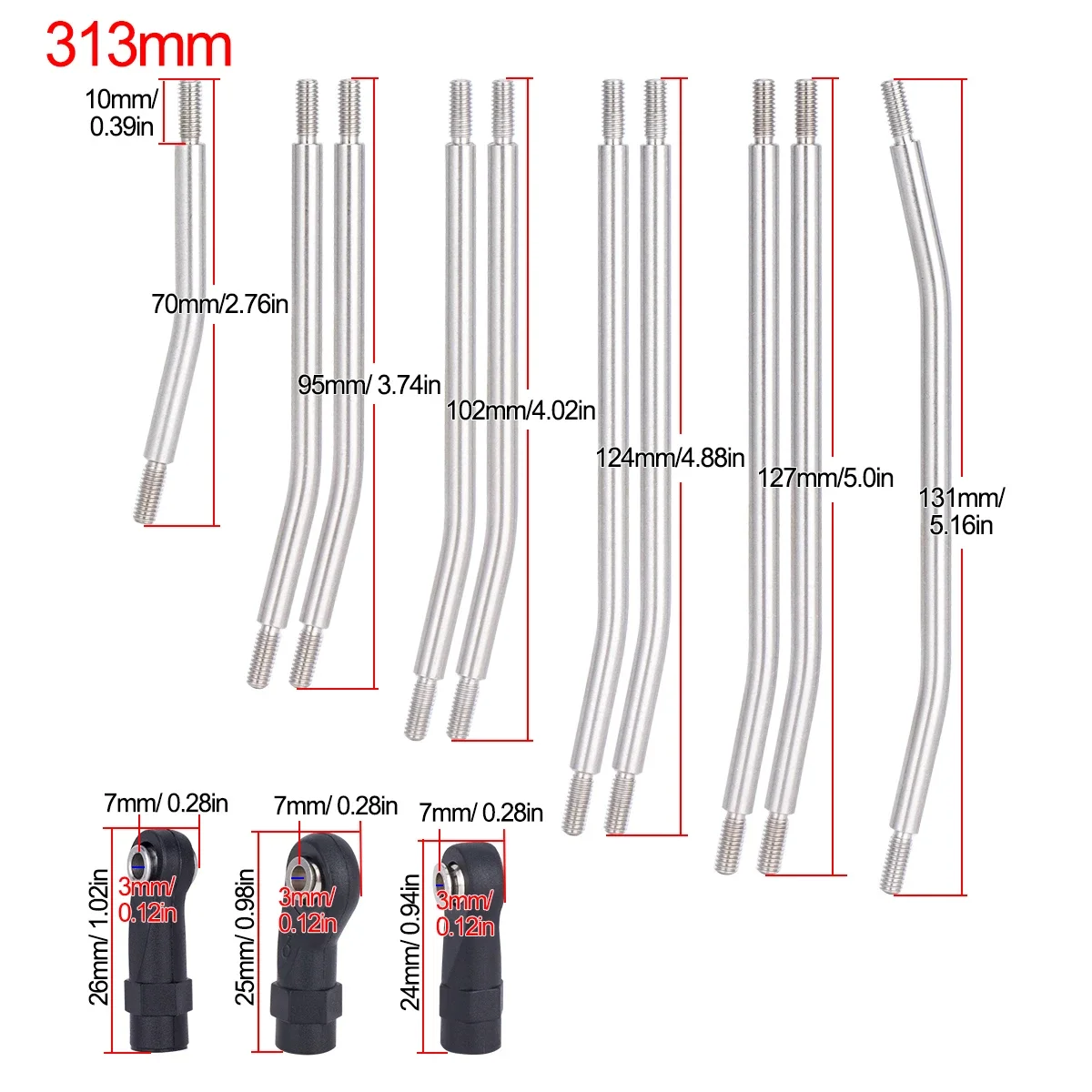 10Pcs 313/324mm Stainless Steel Linkage Chassis Link Rod Set for 1/10 Axial SCX10 II 90046 RC Crawler Upgrade Parts