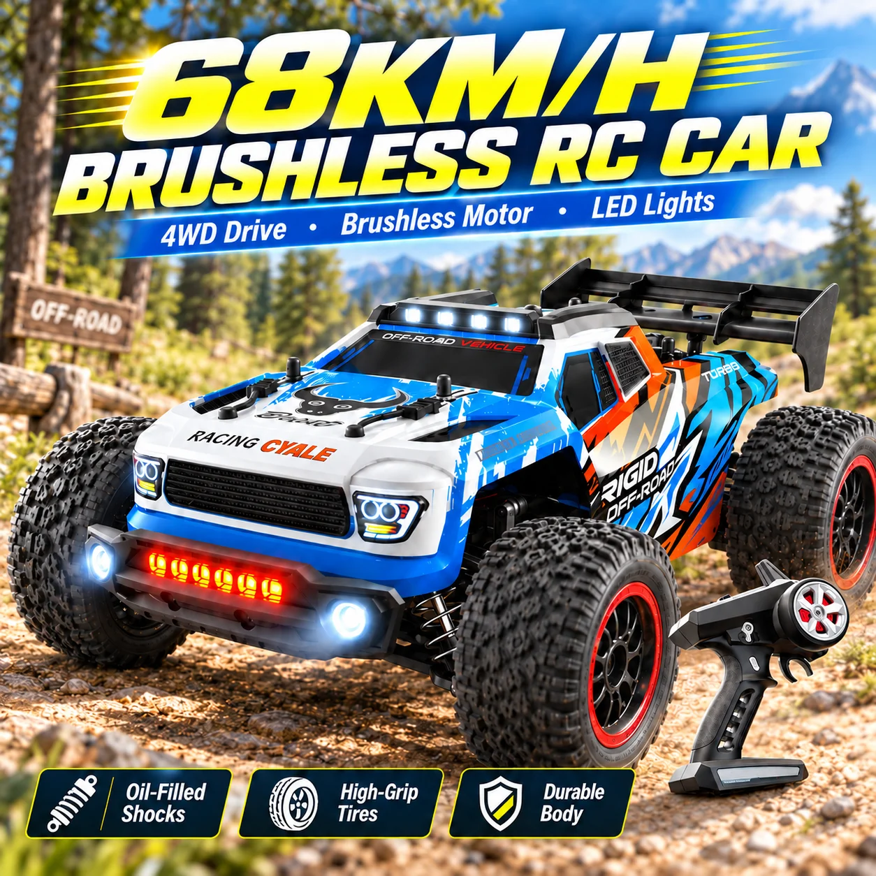 ZNLYRION RC Remote Truck High Speed Brushless Full Metal Gear Differential 2.4Ghz 300M Remote Distance LED Headlight Big Foot RC Car For Adult Hobby