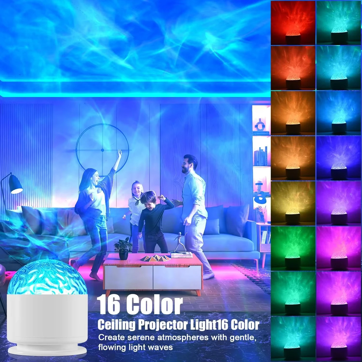 LED Night Light 16 Colors Ocean Wave Aurora Projector Light with Remote USB Powered Auto Rotate for Kids Room Ambient Decor Gift