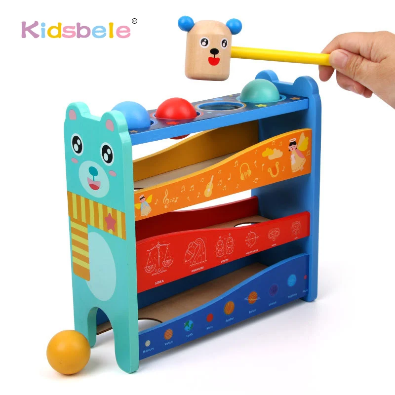 Children 4 Tracks Montessori Wooden Hammering Toy For Kids Fine Motor Skills Learning Color Matching Rolling Balls Party Game