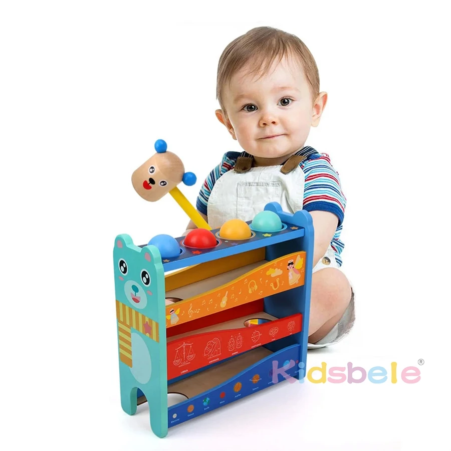 Children 4 Tracks Montessori Wooden Hammering Toy For Kids Fine Motor Skills Learning Color Matching Rolling Balls Party Game