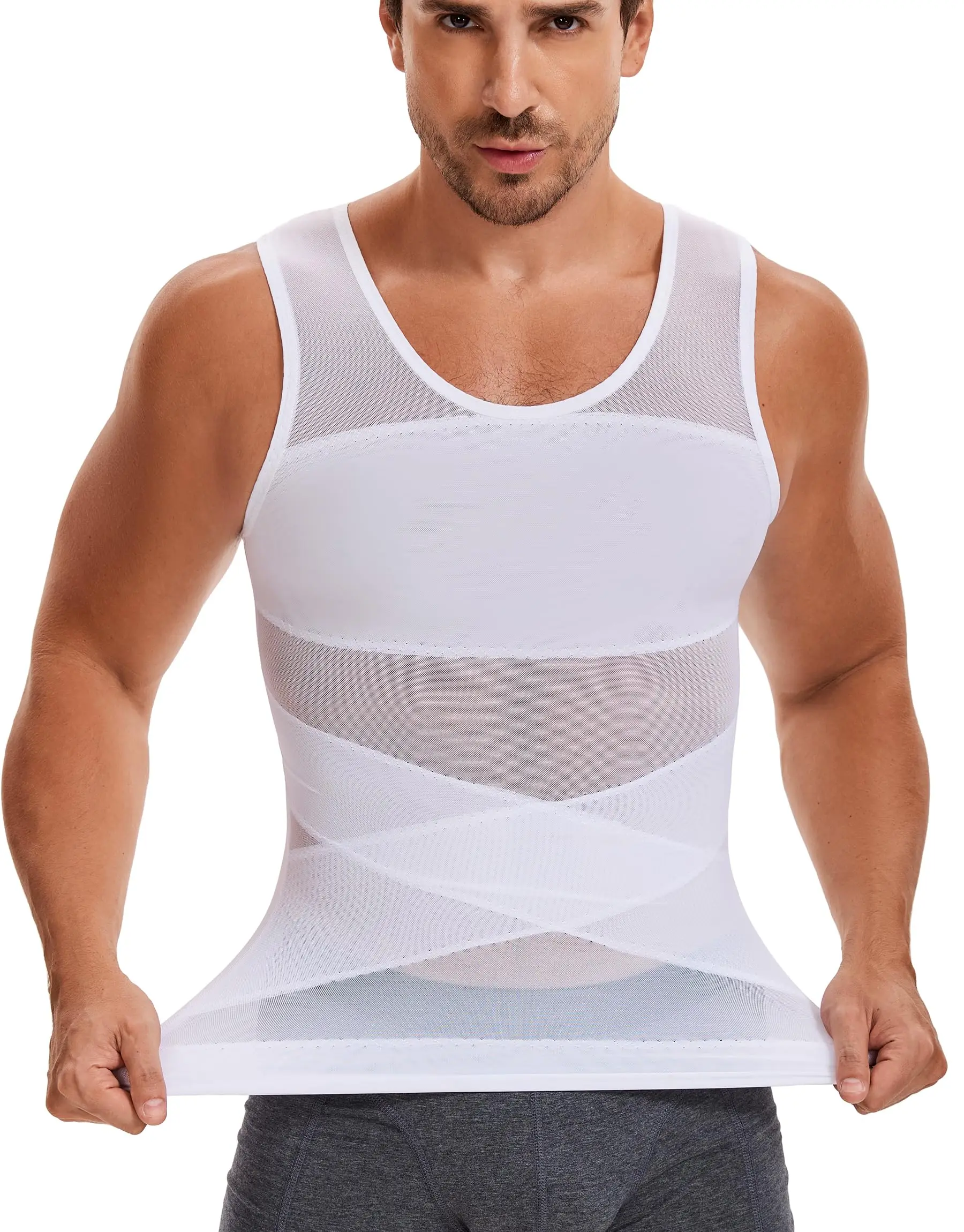 Shapershark Mens Compression Shirt Slimming Body Shaper Vest Gynecomastia Undershirt Tummy Layering  Control Shapewear Tank Top