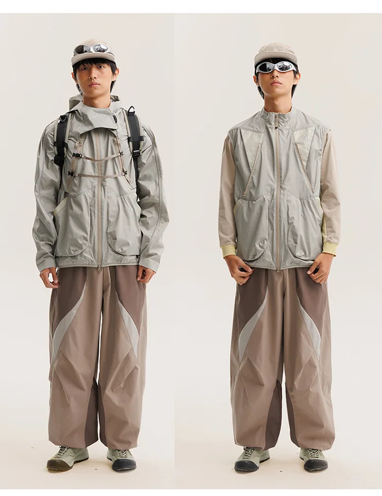 2 Pieces Vest Cloak Jacket Men Women Outdoor Sports Reflective Strip Loose Casual Techwear Waterproof Hooded Cargo Jacket Coat