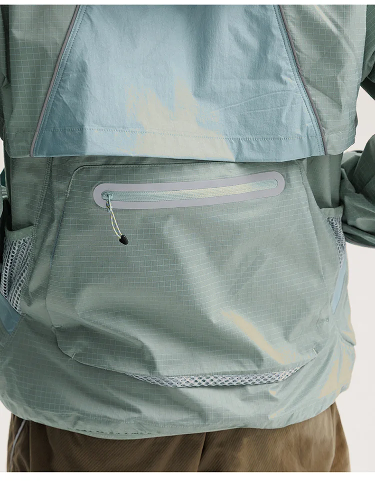 2 Pieces Vest Cloak Jacket Men Women Outdoor Sports Reflective Strip Loose Casual Techwear Waterproof Hooded Cargo Jacket Coat