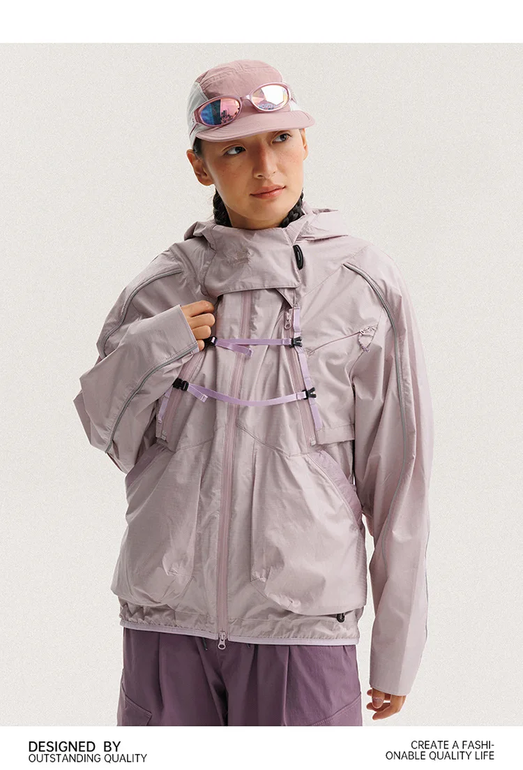2 Pieces Vest Cloak Jacket Men Women Outdoor Sports Reflective Strip Loose Casual Techwear Waterproof Hooded Cargo Jacket Coat