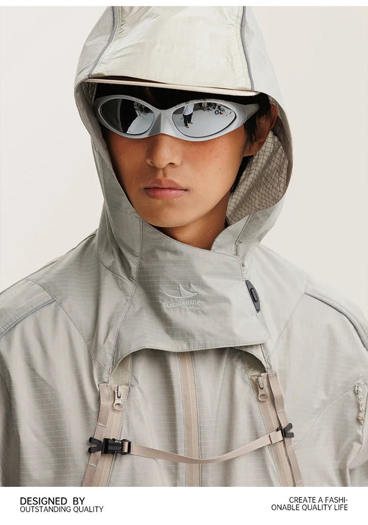 2 Pieces Vest Cloak Jacket Men Women Outdoor Sports Reflective Strip Loose Casual Techwear Waterproof Hooded Cargo Jacket Coat