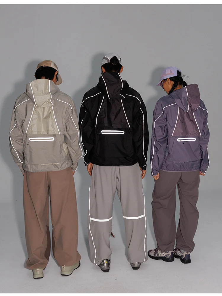 2 Pieces Vest Cloak Jacket Men Women Outdoor Sports Reflective Strip Loose Casual Techwear Waterproof Hooded Cargo Jacket Coat