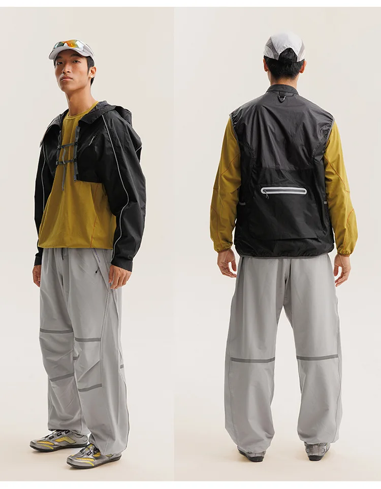 2 Pieces Vest Cloak Jacket Men Women Outdoor Sports Reflective Strip Loose Casual Techwear Waterproof Hooded Cargo Jacket Coat