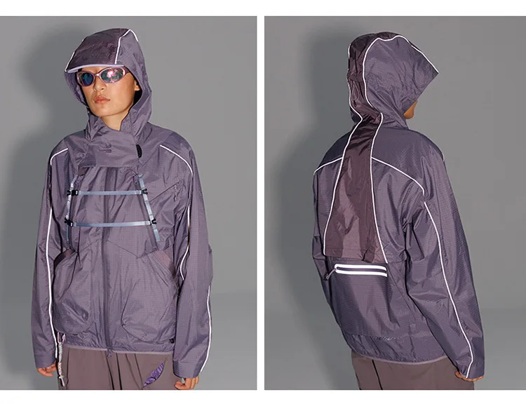 2 Pieces Vest Cloak Jacket Men Women Outdoor Sports Reflective Strip Loose Casual Techwear Waterproof Hooded Cargo Jacket Coat