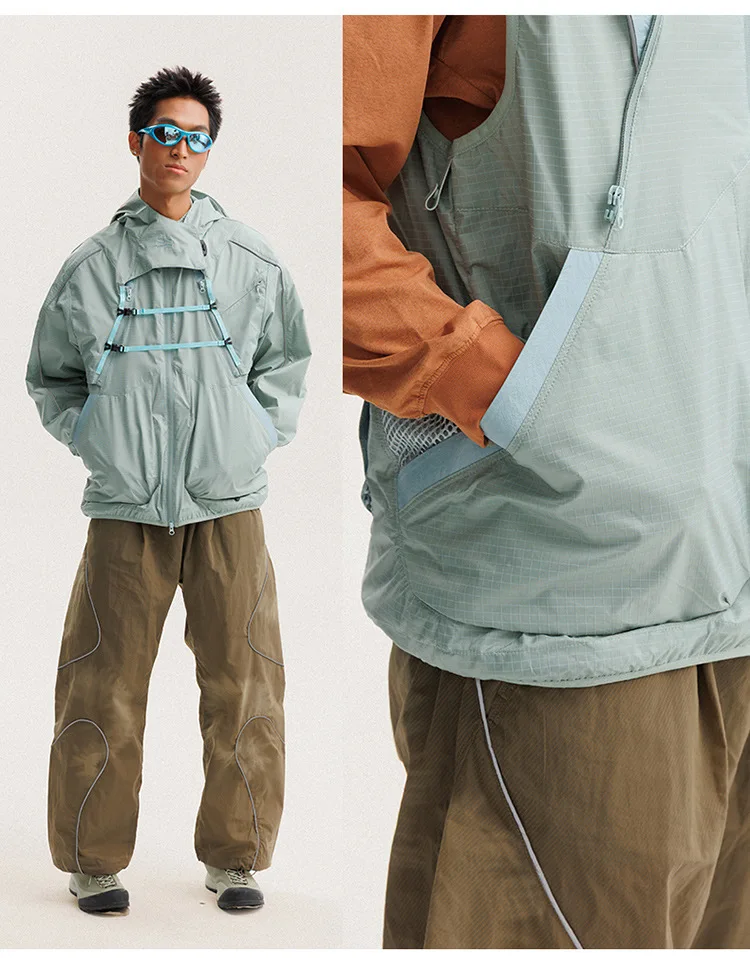2 Pieces Vest Cloak Jacket Men Women Outdoor Sports Reflective Strip Loose Casual Techwear Waterproof Hooded Cargo Jacket Coat