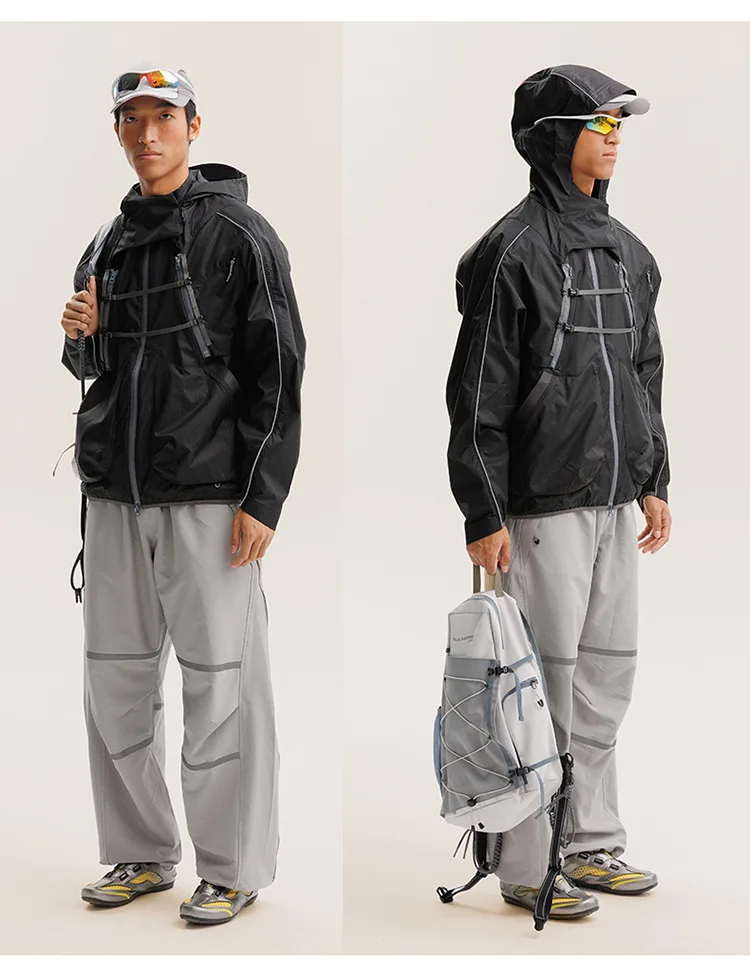 2 Pieces Vest Cloak Jacket Men Women Outdoor Sports Reflective Strip Loose Casual Techwear Waterproof Hooded Cargo Jacket Coat