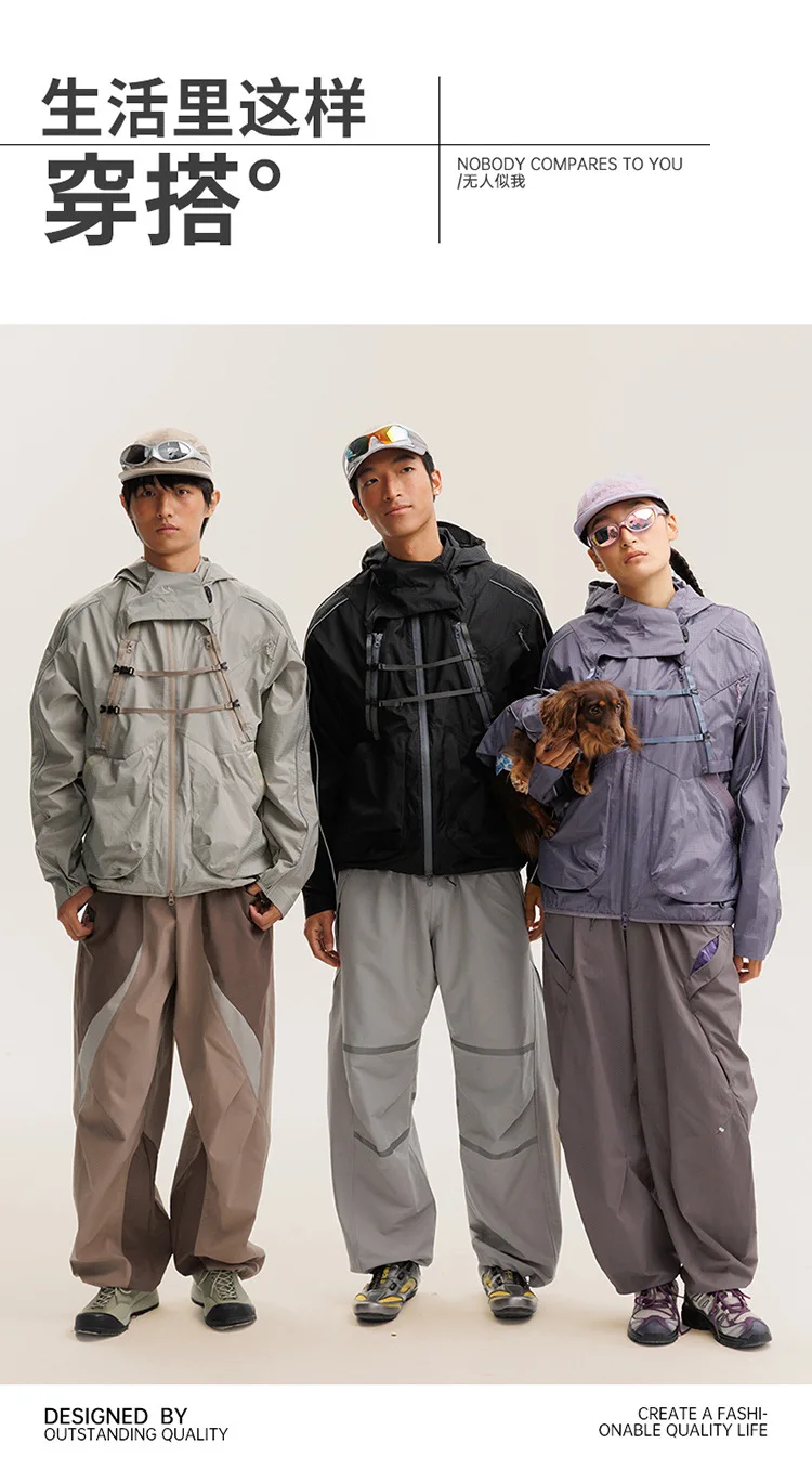 2 Pieces Vest Cloak Jacket Men Women Outdoor Sports Reflective Strip Loose Casual Techwear Waterproof Hooded Cargo Jacket Coat