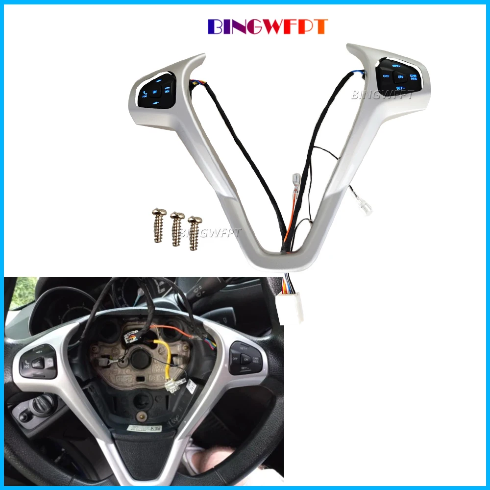 With Frame + Wire Car Cruise Control Buttons Blue / Red Backlight Steering Wheel Volume Button For Ford Fiesta MK7 Ecosport 2013