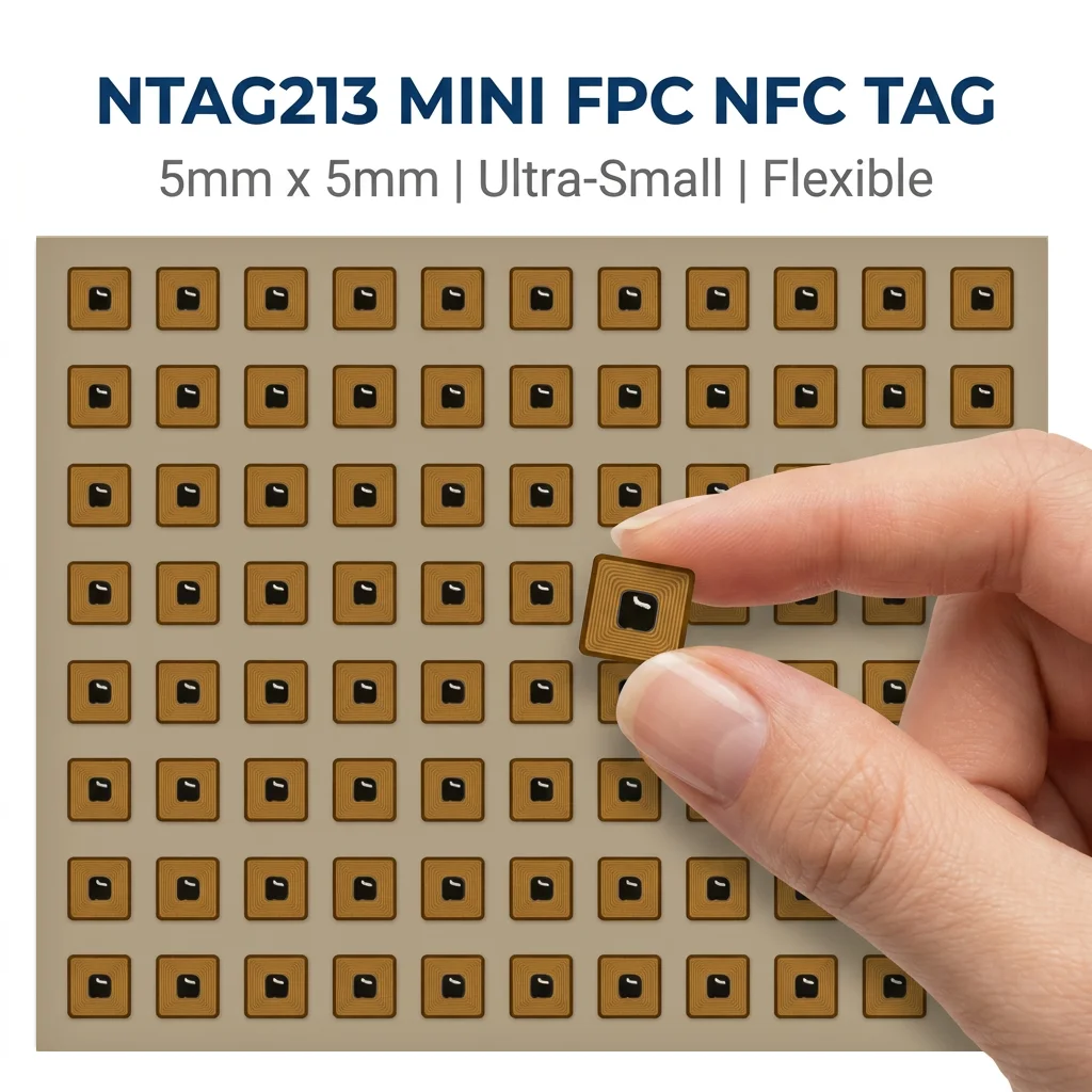 5x5mm Square FPC NFC Tag NTAG213 144B 13.56MHz Rewritable Micro RFID Sticker for Smart Jewelry Asset Tracking