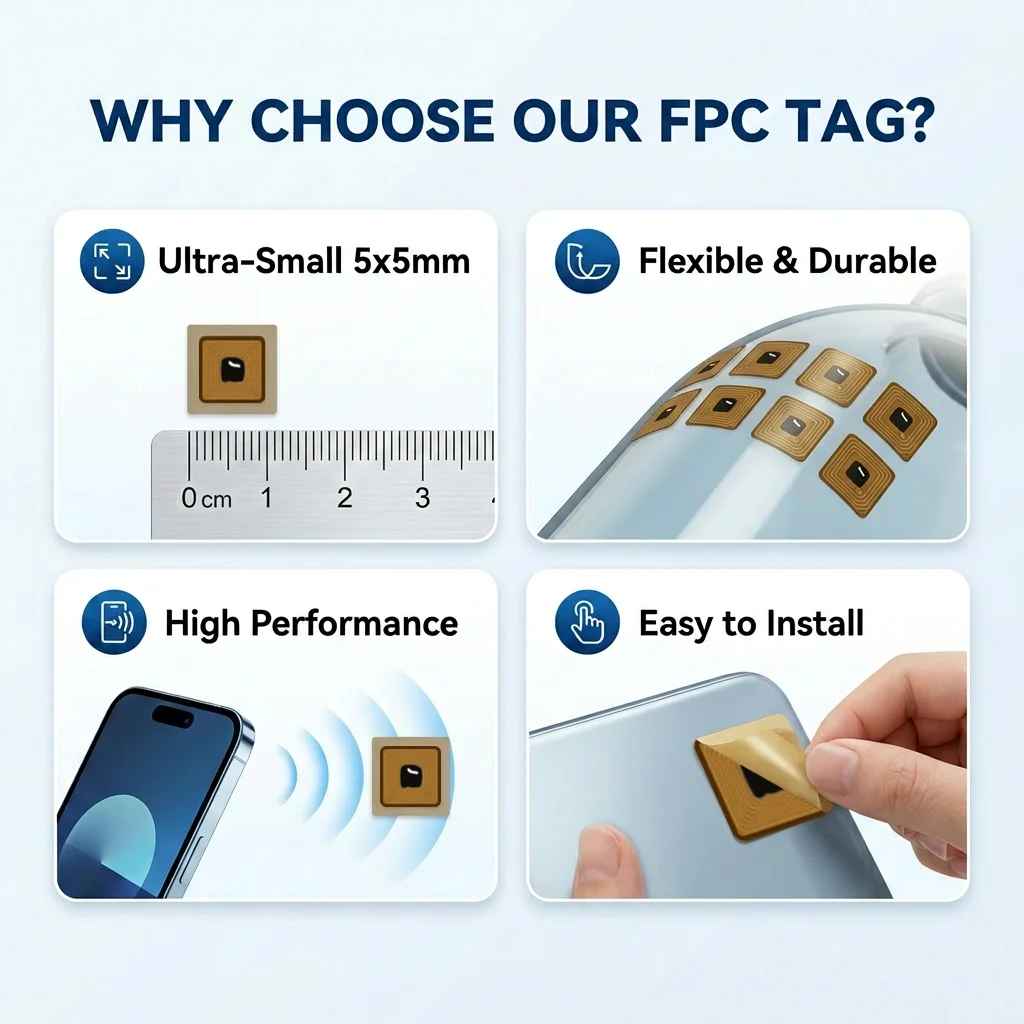 5x5mm Square FPC NFC Tag NTAG213 144B 13.56MHz Rewritable Micro RFID Sticker for Smart Jewelry Asset Tracking
