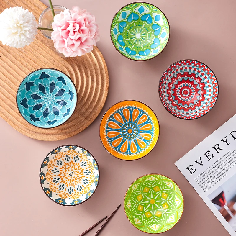 6pcs - Ceramic Bohemian Bowls, Pasta Bowls, Salad Bowls, Soup Bowls, Fruit Bowls, Appetizer Bowls, Safe for Microwave