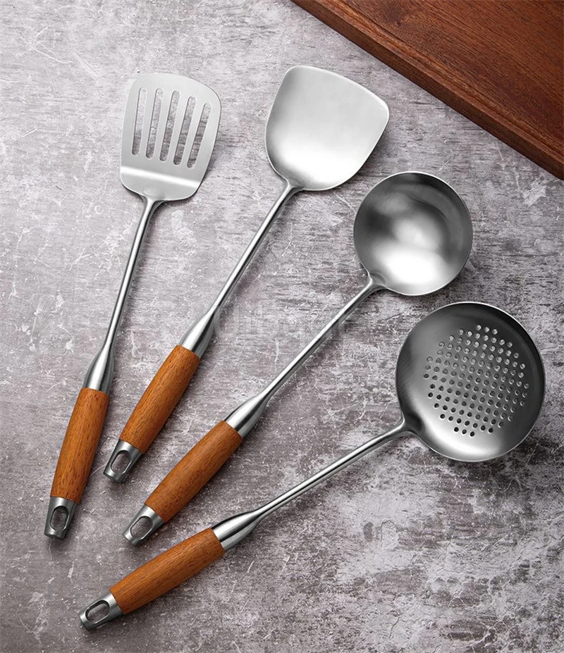 Pear wood stem 316 stainless steel spoon Household stir fry spatula Kitchen long handled spoon slotted spoon Stir fry spatula