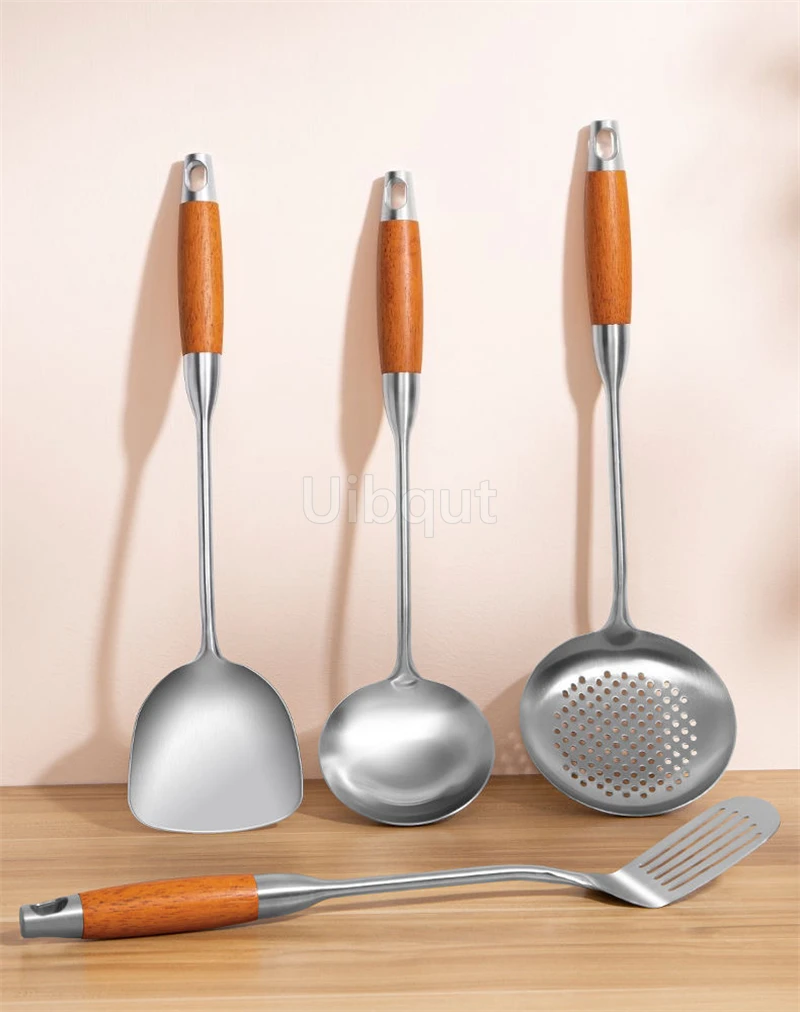 Pear wood stem 316 stainless steel spoon Household stir fry spatula Kitchen long handled spoon slotted spoon Stir fry spatula