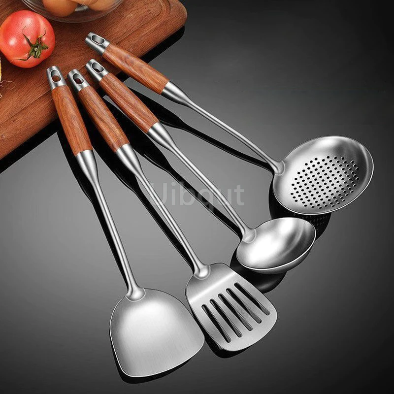 Pear wood stem 316 stainless steel spoon Household stir fry spatula Kitchen long handled spoon slotted spoon Stir fry spatula