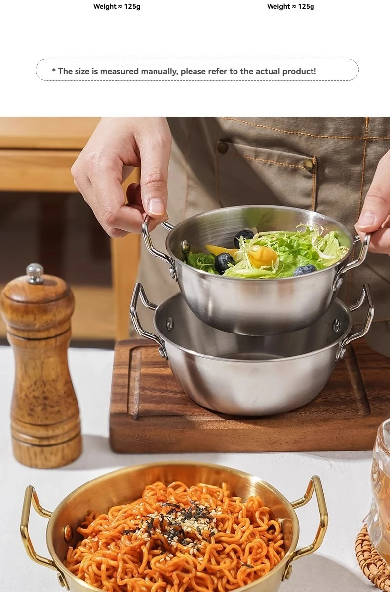 1Pcs Korean Style Cuisine Bowl Durable Stainless Steel Rice Wine Bowls Household Double Ear Snacks Plate Instant Noodle Bowl