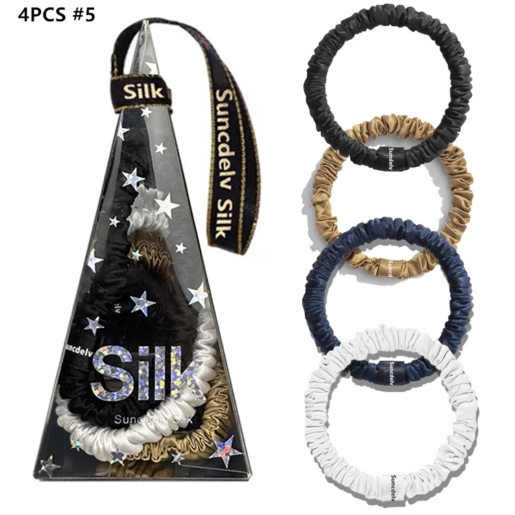 4PCS 100% Pure Mulberry Silk Hair Scrunchies Silk Hair Ties Hairbands Ponytail Holders Solid Color Hair Accessories 22Momme