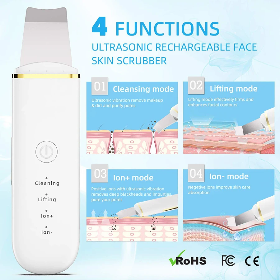 Ultrasonic Skin Scrubber Face Spatula Pore Cleaner Blackhead Remover Shovel Skin Care Tool for Facial Lifting and Deep Cleansing