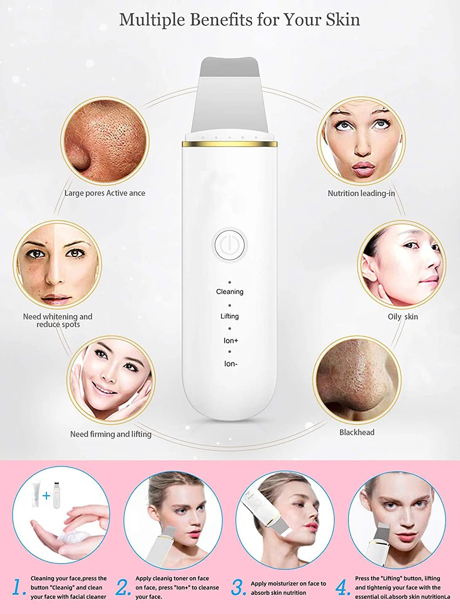 Ultrasonic Skin Scrubber Face Spatula Pore Cleaner Blackhead Remover Shovel Skin Care Tool for Facial Lifting and Deep Cleansing