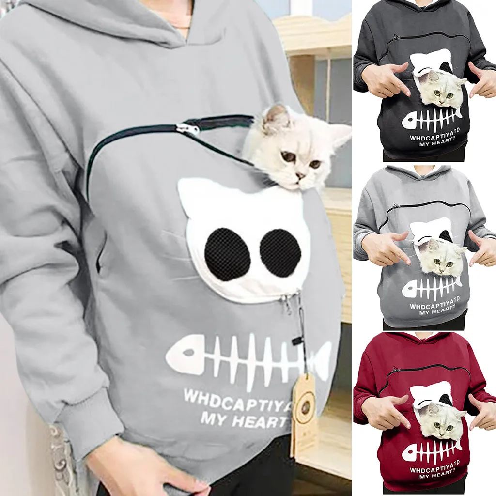 Cat Lovers Hooded Sweatshirt Kangaroo Dog Pet Paw Pullovers For Women Cuddle Pouch Funny Printed Pocket Hoodie Large Size