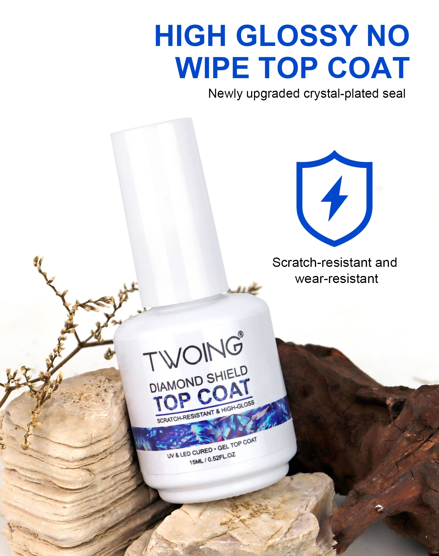 TWOING 15ml New Super Shine Top Coat Gel Nail Polish Diamond Topcoat No Wipe Sealer Gel Finish Manicure Nail Art Salon Quality