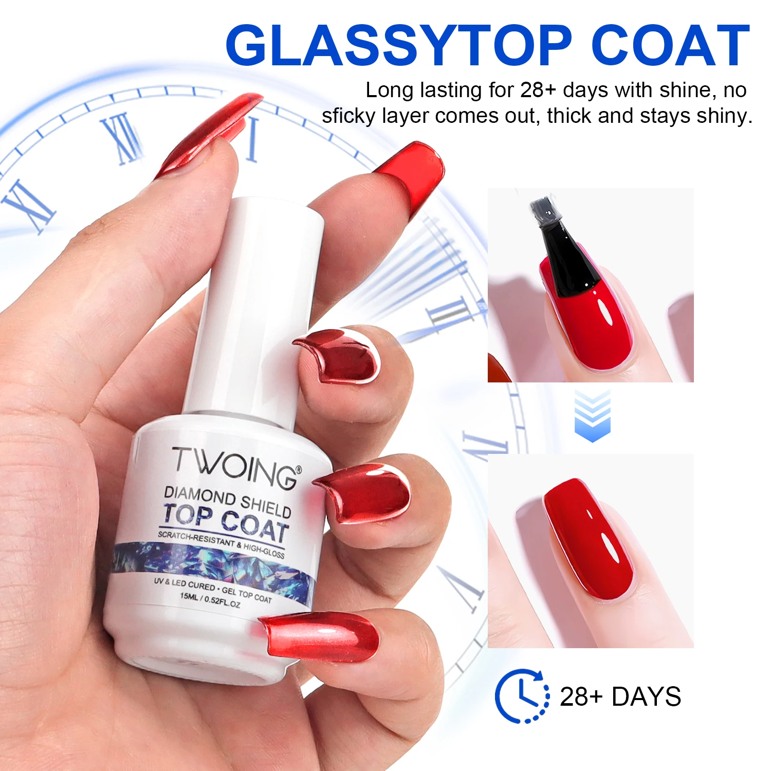 TWOING 15ml New Super Shine Top Coat Gel Nail Polish Diamond Topcoat No Wipe Sealer Gel Finish Manicure Nail Art Salon Quality