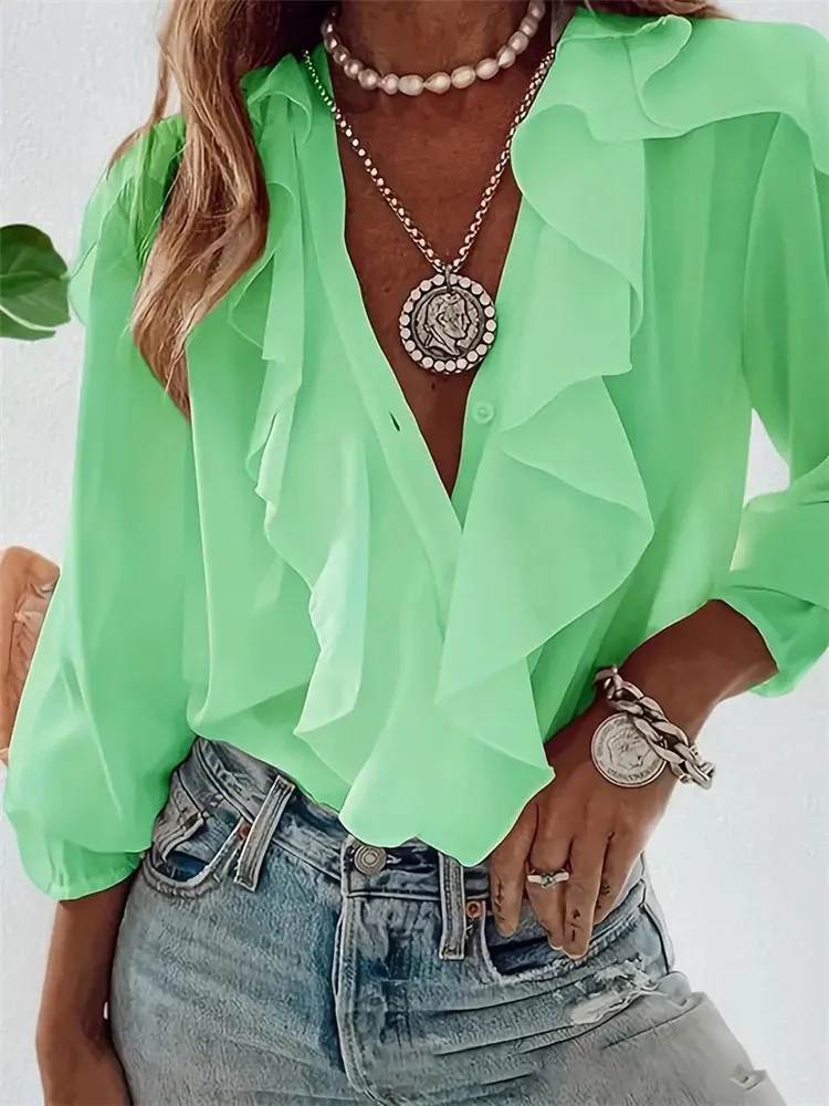 Fashion Ruffles V-neck Women Blouse Women 2026 Spring Autumn Casual Long Sleeve Solid Color Office Shirts Elegant Women's Tops