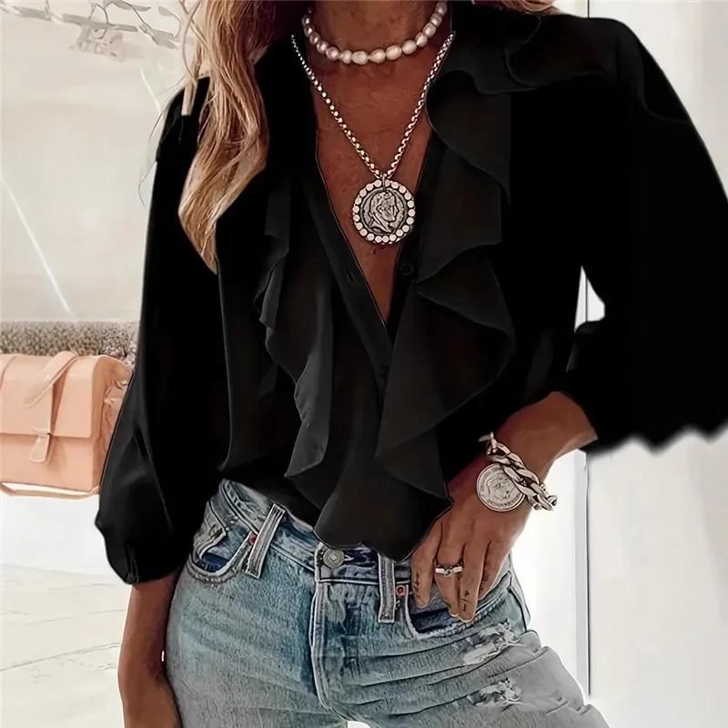 Fashion Ruffles V-neck Women Blouse Women 2026 Spring Autumn Casual Long Sleeve Solid Color Office Shirts Elegant Women's Tops