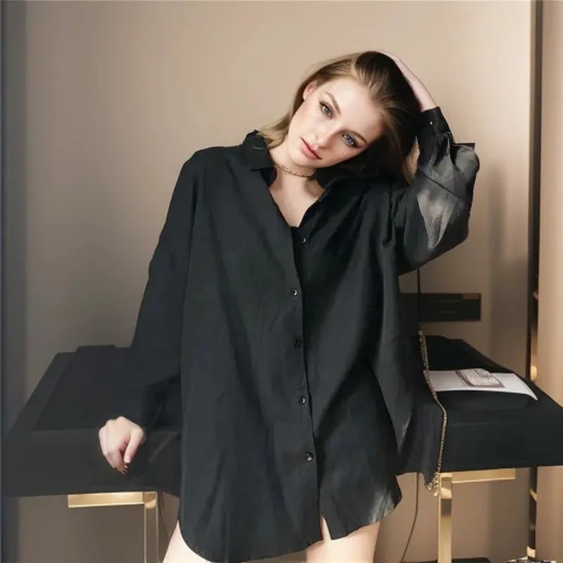 Zadily 2026 Autumn Minimalist Women's White Oversize Shirt Full Sleeve Basic Button up Korea Style Blouse with Pocket for Ladies