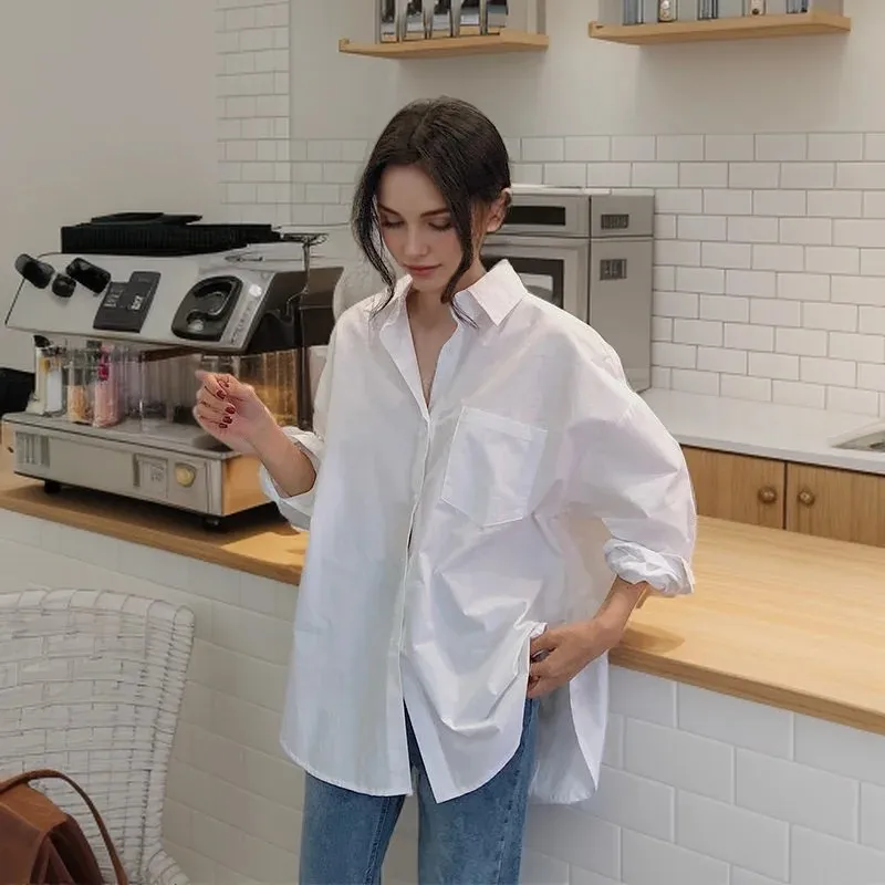 Zadily 2026 Autumn Minimalist Women's White Oversize Shirt Full Sleeve Basic Button up Korea Style Blouse with Pocket for Ladies