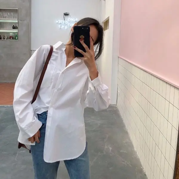 Zadily 2026 Autumn Minimalist Women's White Oversize Shirt Full Sleeve Basic Button up Korea Style Blouse with Pocket for Ladies