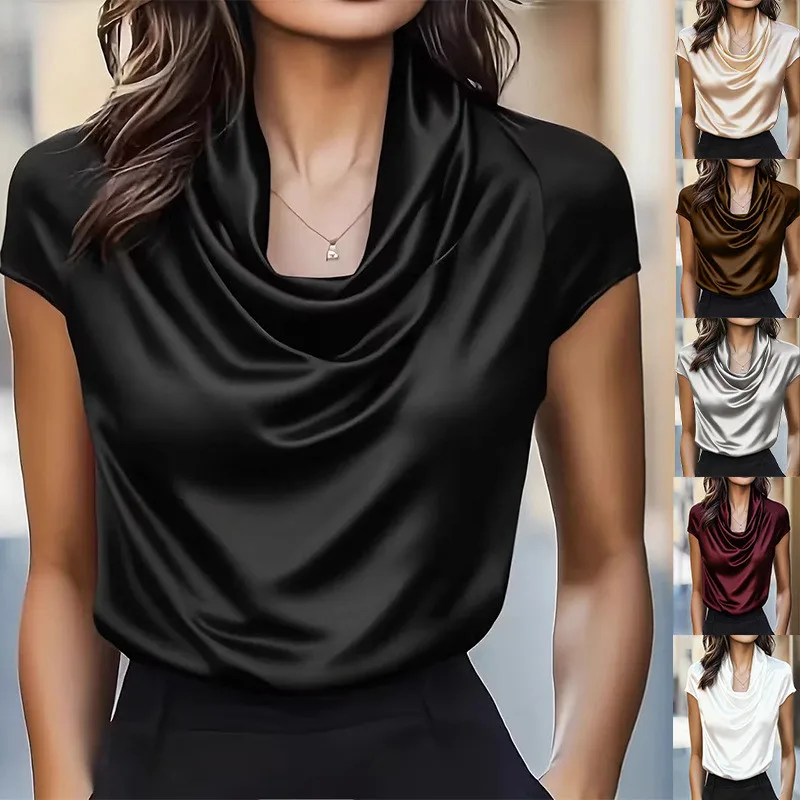 Fashioin Women's Satin Cowl Neck Short Sleeve Blouse Smooth Silk-Like Fabric Elegant Draped Neckline Top For Office Evening Wear