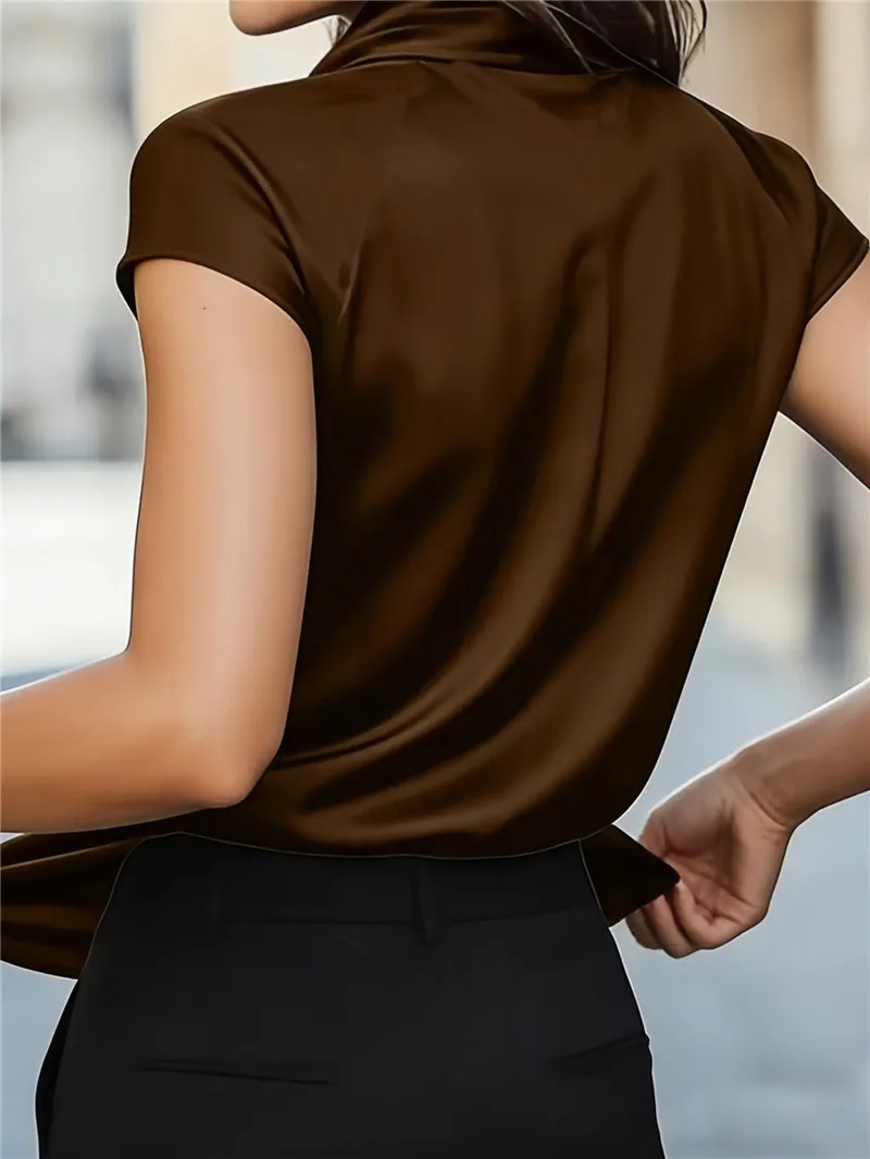 Fashioin Women's Satin Cowl Neck Short Sleeve Blouse Smooth Silk-Like Fabric Elegant Draped Neckline Top For Office Evening Wear