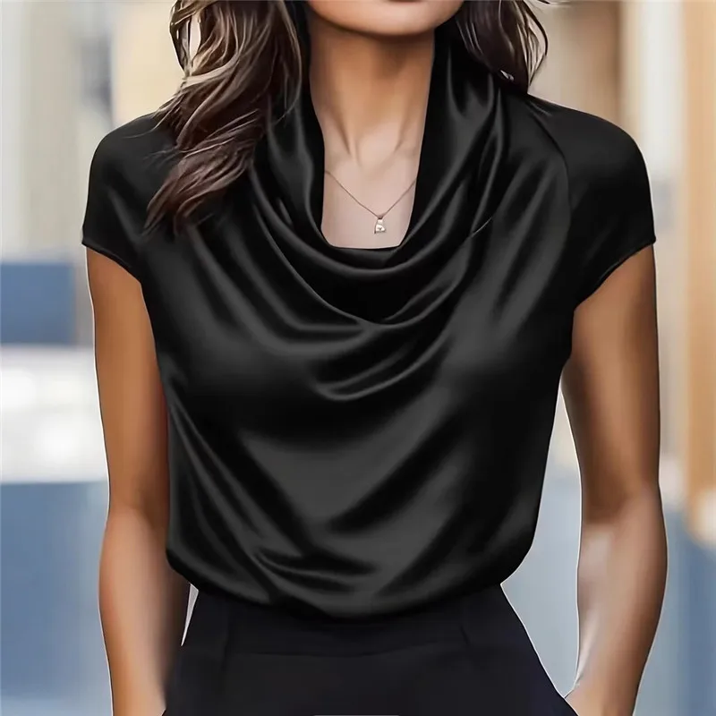 Fashioin Women's Satin Cowl Neck Short Sleeve Blouse Smooth Silk-Like Fabric Elegant Draped Neckline Top For Office Evening Wear