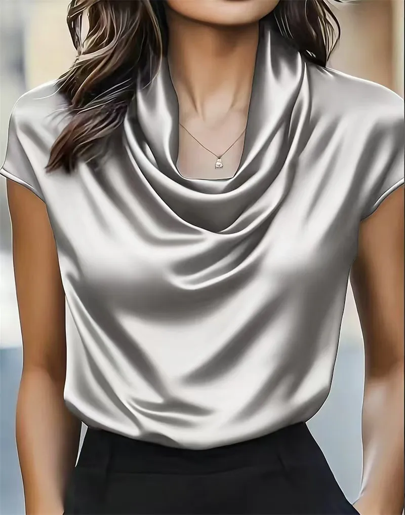 Fashioin Women's Satin Cowl Neck Short Sleeve Blouse Smooth Silk-Like Fabric Elegant Draped Neckline Top For Office Evening Wear