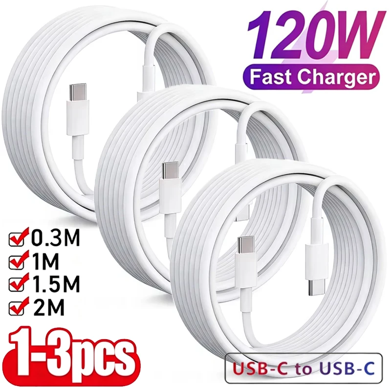 1-3PCS USB C Cable to USB C 120W Fast Charging Charger Cable Supports Fast Charging For iPhone 17 16 Samsung Huawei Xiaomi Etc
